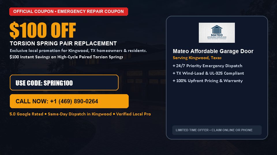 Mateo Affordable Garage Door $100 OFF Dual Torsion Spring Replacement in Kingwood, TX